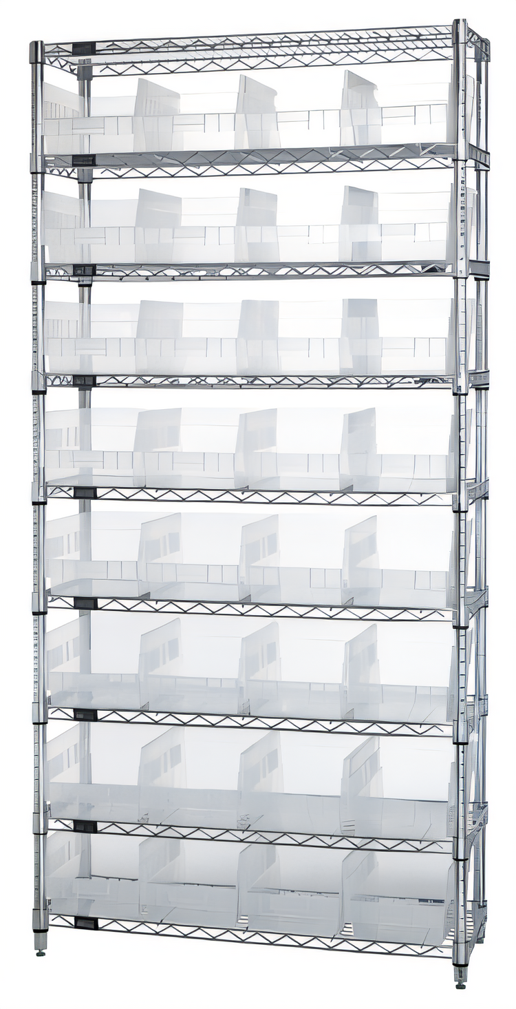 Product image #1 for Quantum Stationary Bin Wire Shelving System with 32 Clear Bins, 36 x 24 x 74 Inches, Chrome Plated
