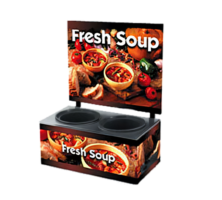 Product image #1 for Cayenne® Twin Well Soup Merchandiser with Menu Board and Country Kitchen Graphics