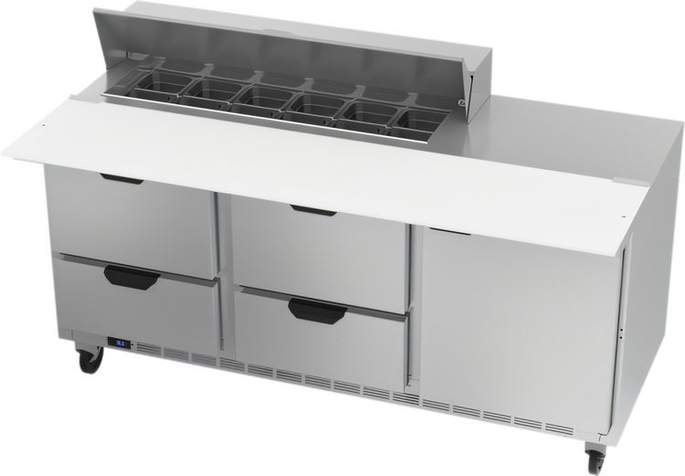 Product image #1 for Beverage-Air 72-Inch Three-Section Sandwich Top Refrigerated Prep Table with 12 1/6-Size Pan Opening, 4 Drawers, and 1 Door