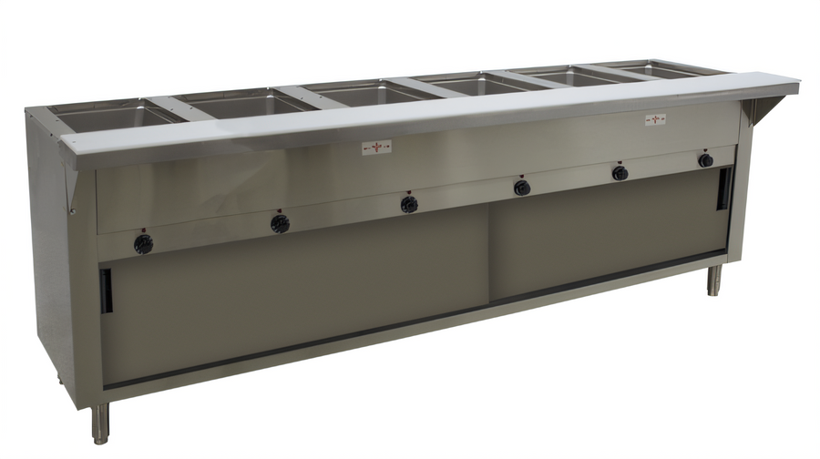 Product image #1 for Advance Tabco Triumph Supreme 93-Inch Electric Hot Food Table with 6 Sealed Wells, Sliding Doors, and Poly Cutting Board