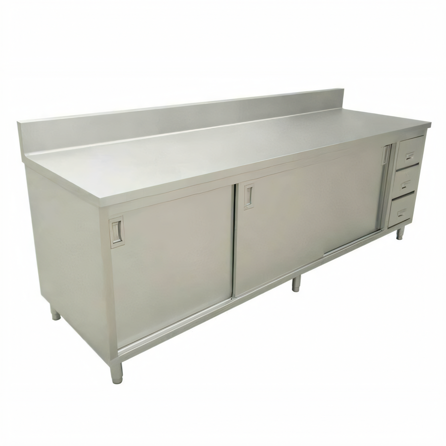 Product image #1 for Omcan USA Stainless Steel Enclosed Work Table with Sliding Doors and 3 Drawers, 60 x 30 x 42 Inches, 6 Inch Backsplash
