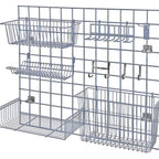 Thumbnail image #1 for Quantum SGK-3036-1GY Wall-Mounted Store Grid Starter Kit, Light-Duty, Gray Epoxy, 36 x 30 in. Panel with Baskets, Shelf and Hooks