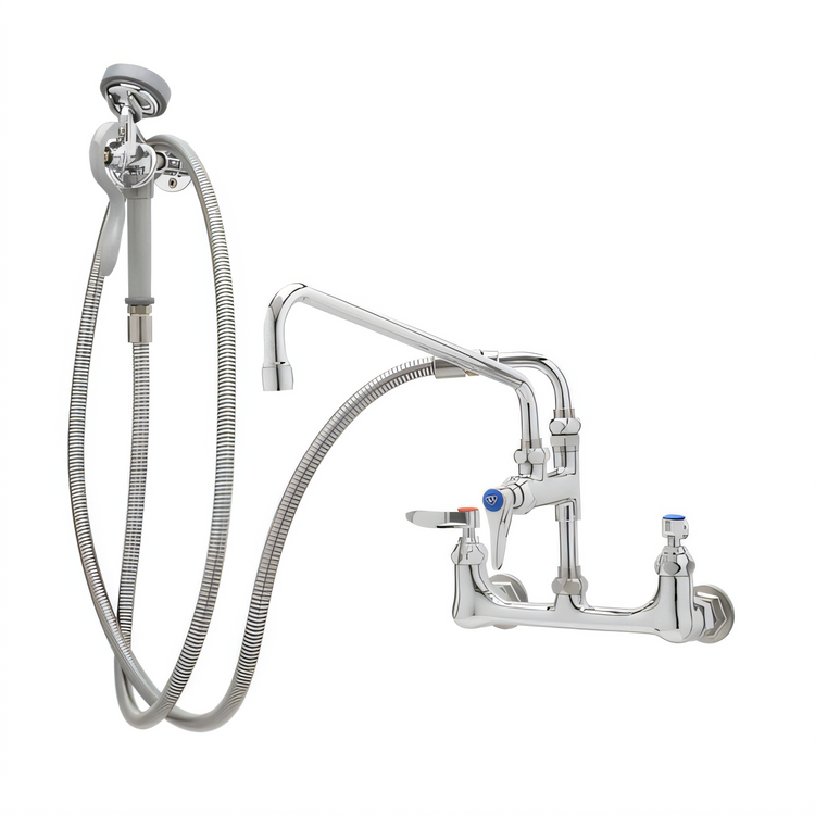 Product image #1 for T&S Brass B-0175-02 Wall Mount Pre-Rinse Mixing Faucet Assembly with Swing Nozzle and 96-Inch Hose