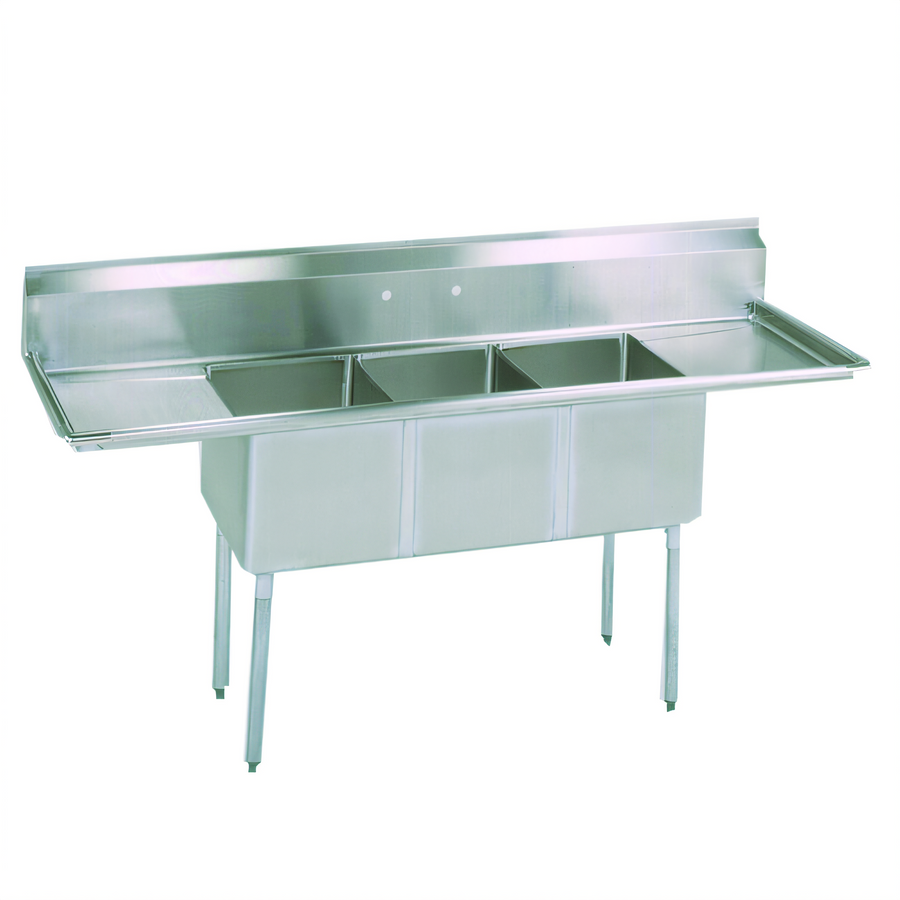 Product image #1 for BK Resources Three Compartment Sink with Left and Right Drainboards, 102-Inch Wide, 12-Inch Deep Bowls, 9-Inch Backsplash
