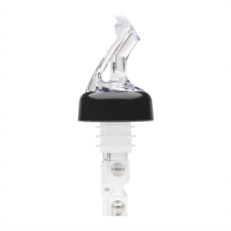 Product image #1 for Bar Maid Premium 1 oz Clear Plastic Flip-Top Liquor Pourers with Black Collar, 12-Pack