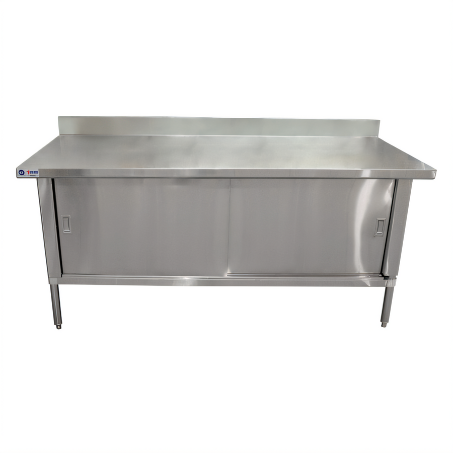 Product image #1 for Omcan USA 72-Inch Enclosed Work Table Cabinet Base with Sliding Doors, 18 Gauge 304 Stainless Steel Top, 4-Inch Backsplash
