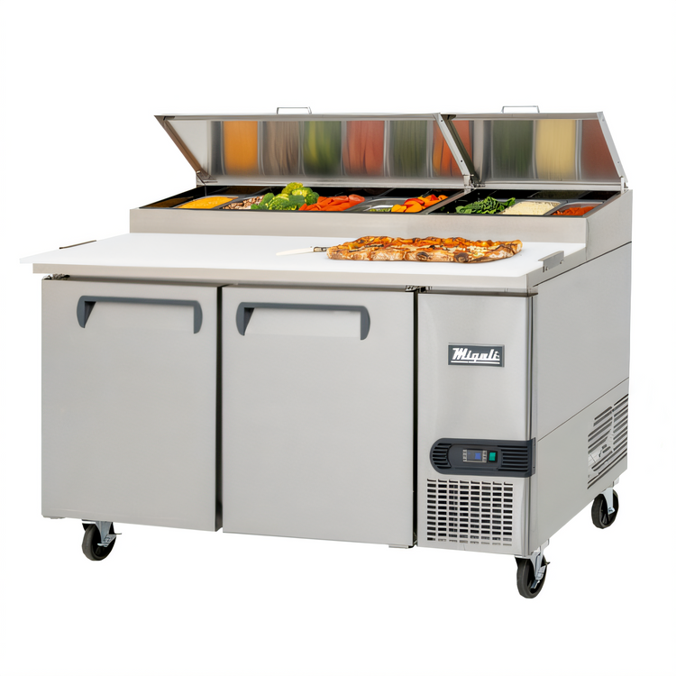 Product image #1 for Migali Competitor Series® 67-Inch Two-Section Refrigerated Pizza Prep Table, Side-Mount Self-Contained, 20.0 Cu. Ft.