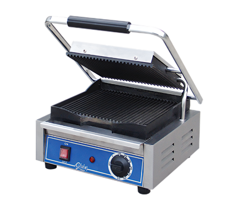 Product image #1 for Globe Single Countertop Electric Bistro Panini Grill with 10 x 10 Inch Cast Iron Grooved Plates