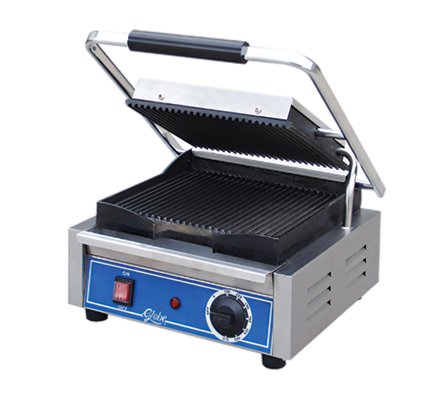 Product image #1 for Globe Single Countertop Electric Bistro Panini Grill with 10 x 10 Inch Cast Iron Grooved Plates