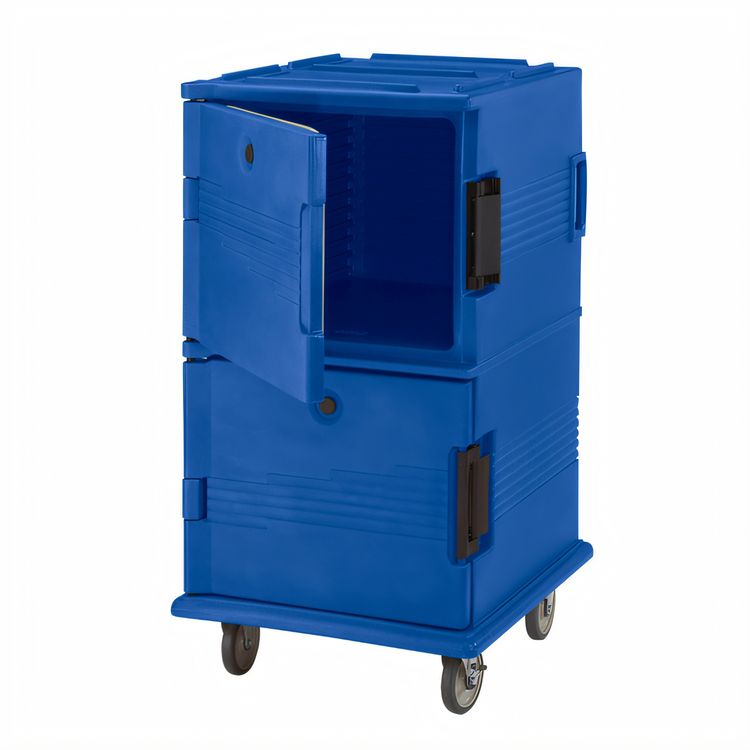 Product image #2 for Cambro Ultra Camcart Front-Loading Double-Compartment Insulated Food Pan Cart with Heavy-Duty Casters, 120 Qt., Navy Blue