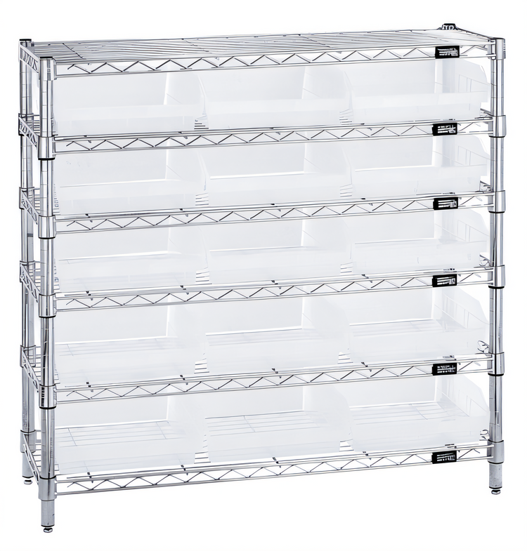Product image #1 for Quantum 36-Inch Wide Chrome Plated Stationary Bin Wire Shelving System with 6 Shelves and 15 Clear Bins