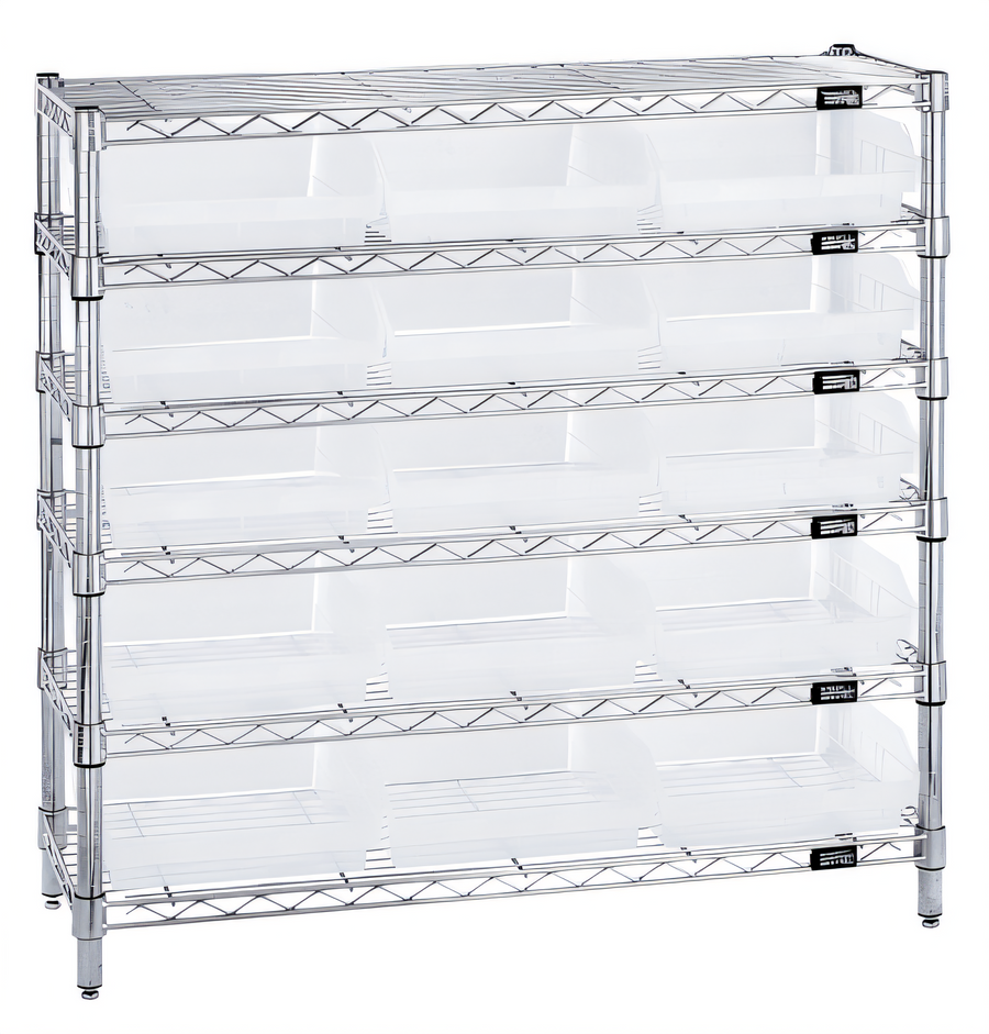 Product image #1 for Quantum 36-Inch Wide Chrome Plated Stationary Bin Wire Shelving System with 6 Shelves and 15 Clear Bins