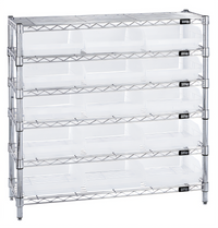 Quantum 36-Inch Wide Chrome Plated Stationary Bin Wire Shelving System with 6 Shelves and 15 Clear Bins