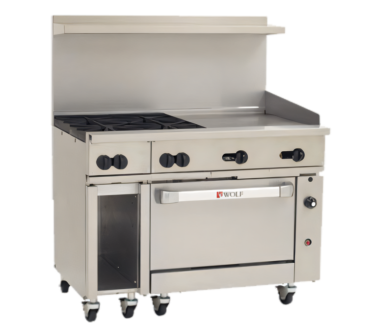Product image #1 for Wolf Challenger XL C48C-4B24GT 48-Inch Gas Restaurant Range with 4 Burners, 24-Inch Griddle, and Convection Oven
