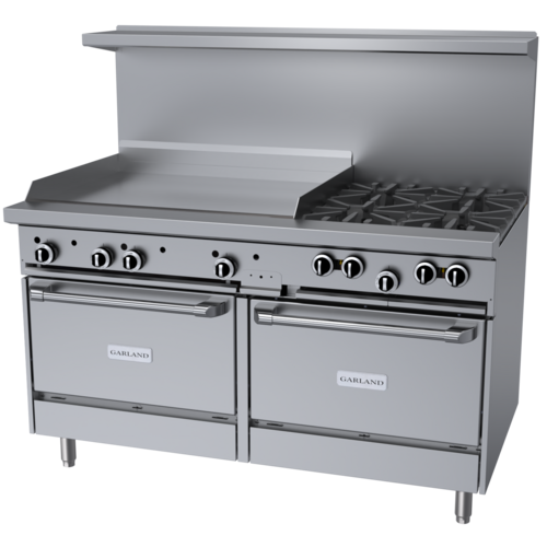 Product image #1 for Garland G Starfire Pro 60-Inch Gas Restaurant Range with 4 Open Burners, 36-Inch Griddle, and 2 Convection Ovens