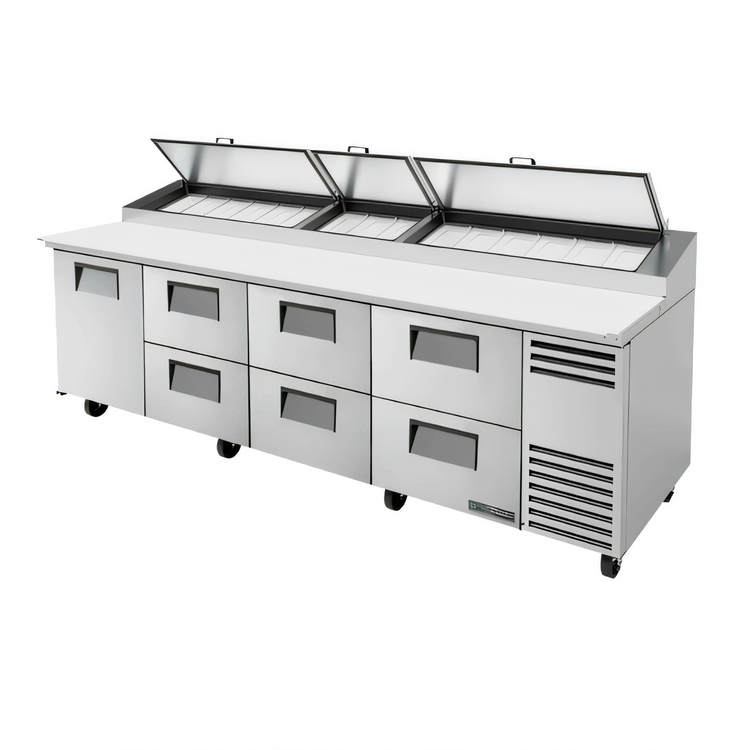 Product image #1 for True 119-1/4-Inch 4-Section Pizza Prep Table with 1 Door, 6 Drawers, and Self-Contained Side-Mounted Refrigeration