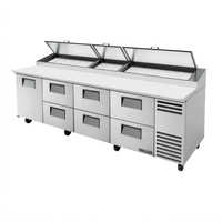 True 119-1/4-Inch 4-Section Pizza Prep Table with 1 Door, 6 Drawers, and Self-Contained Side-Mounted Refrigeration