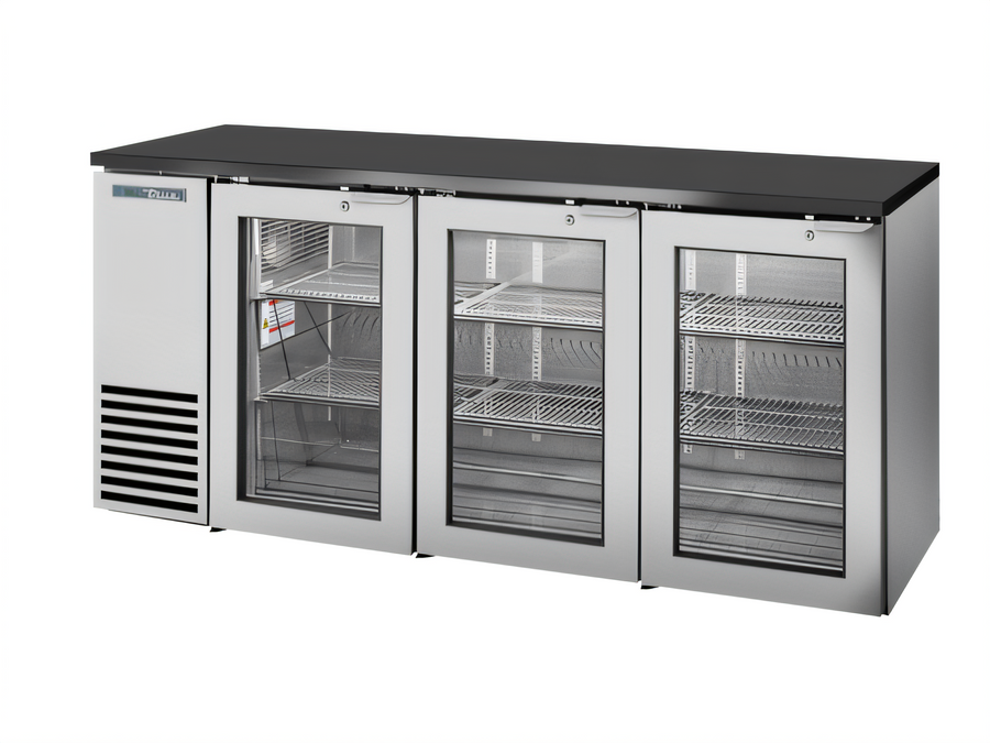 Product image #1 for True 72-1/8-Inch Two-Section Back Bar Cooler with 3 Glass Doors and Side-Mounted Self-Contained Refrigeration