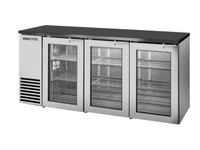 True 72-1/8-Inch Two-Section Back Bar Cooler with 3 Glass Doors and Side-Mounted Self-Contained Refrigeration