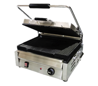 Commercial Single Countertop Panini Press with Grooved Cast Iron Plates, 12 x 15 Inch Surface