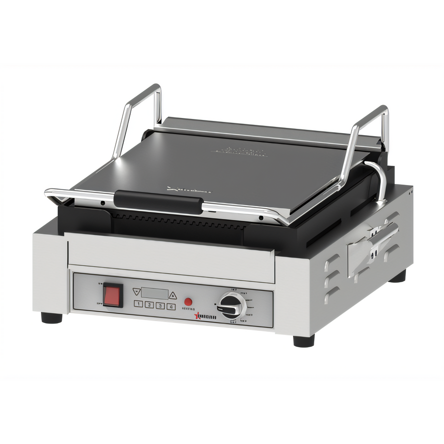 Product image #1 for Omcan Single Extra Large Countertop Panini Grill with Grooved Cast Iron Plates, 14 x 14 Inch, 120V