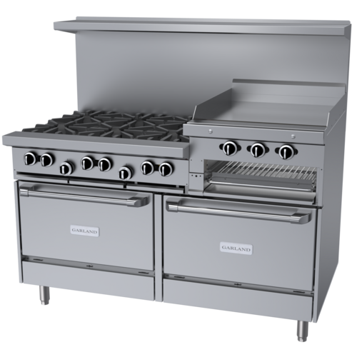 Product image #1 for Garland G Starfire Pro Series 60-Inch Gas Restaurant Range with 6 Open Burners, 24-Inch Raised Griddle/Broiler, Standard Oven and Convection Oven