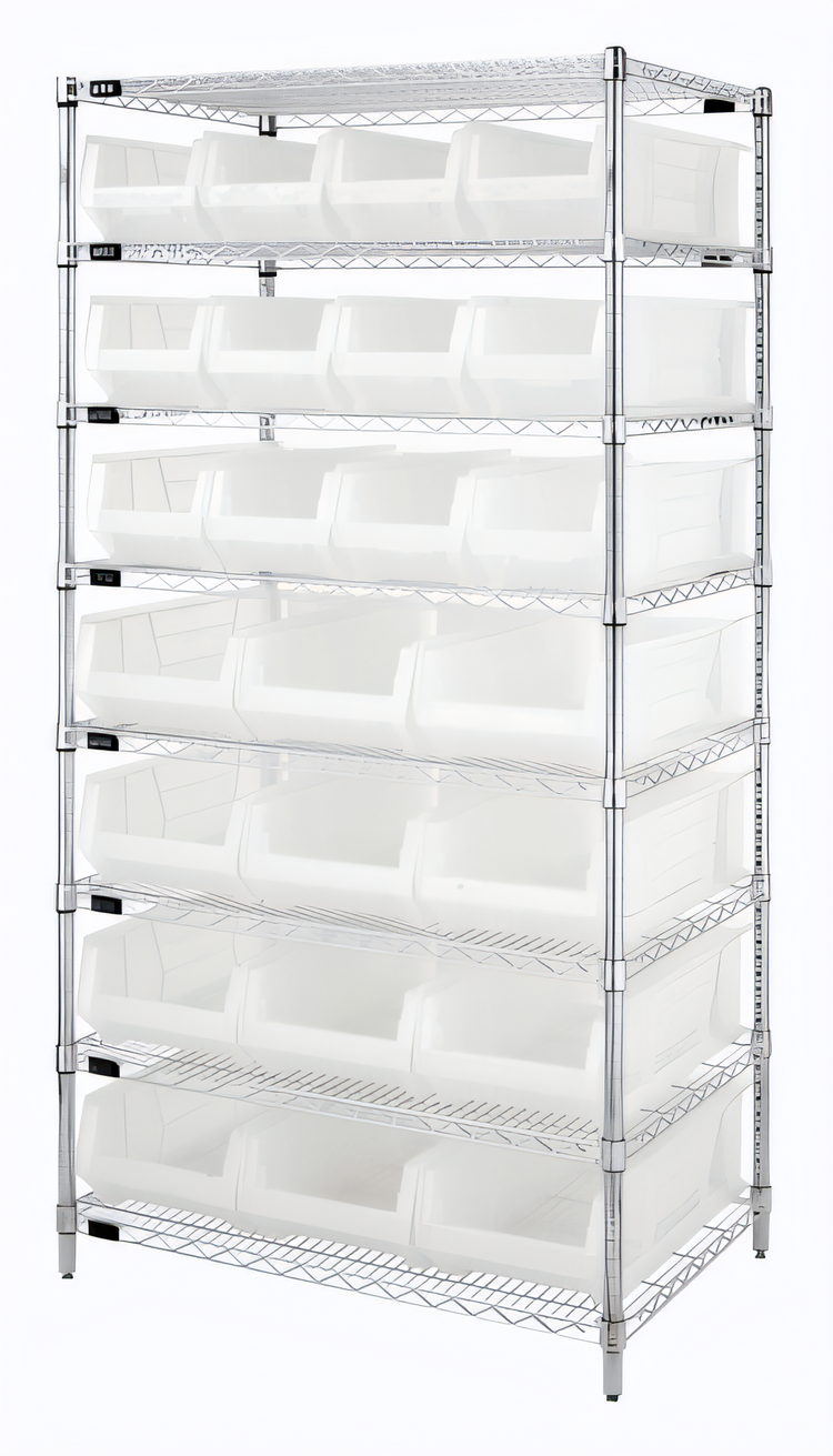 Product image #1 for Quantum 8-Shelf Chrome Plated Stationary Wire Shelving Bin System, 36"W x 24"D x 74"H