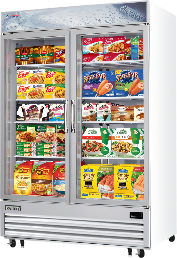 Product image #1 for Everest Refrigeration Two-Section Reach-In Glass Door Merchandiser Freezer, 48 Cu. Ft., Self-Contained Bottom Mount