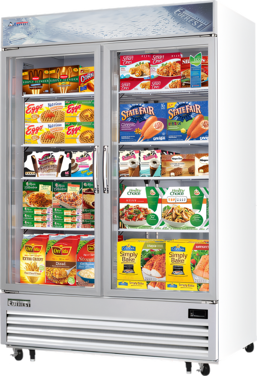 Product image #1 for Everest Refrigeration Two-Section Reach-In Glass Door Merchandiser Freezer, 48 Cu. Ft., Self-Contained Bottom Mount