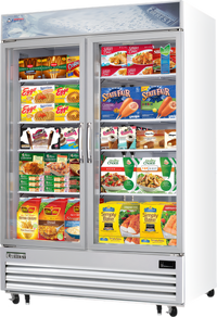 Everest Refrigeration Two-Section Reach-In Glass Door Merchandiser Freezer, 48 Cu. Ft., Self-Contained Bottom Mount