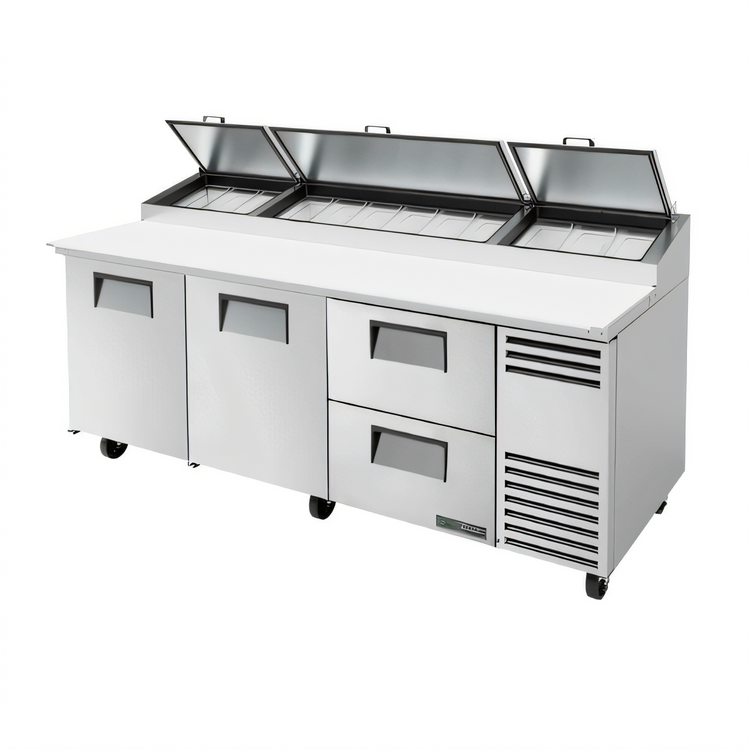 Product image #1 for True 93.5-Inch 2-Section Pizza Prep Table with 2 Drawers, 2 Doors, and White Poly Cutting Board