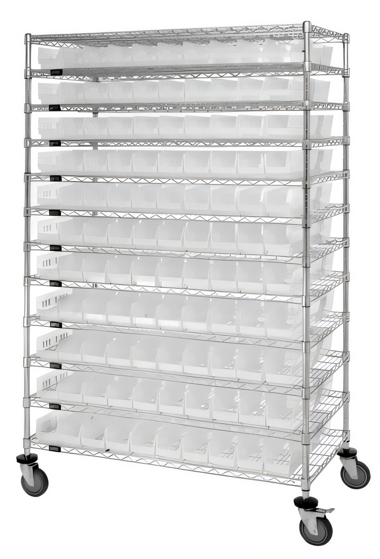 Product image #1 for 48-Inch x 12-Inch x 74-Inch Chrome Plated Stationary Wire Shelving System with 12 Shelves and 110 Bins