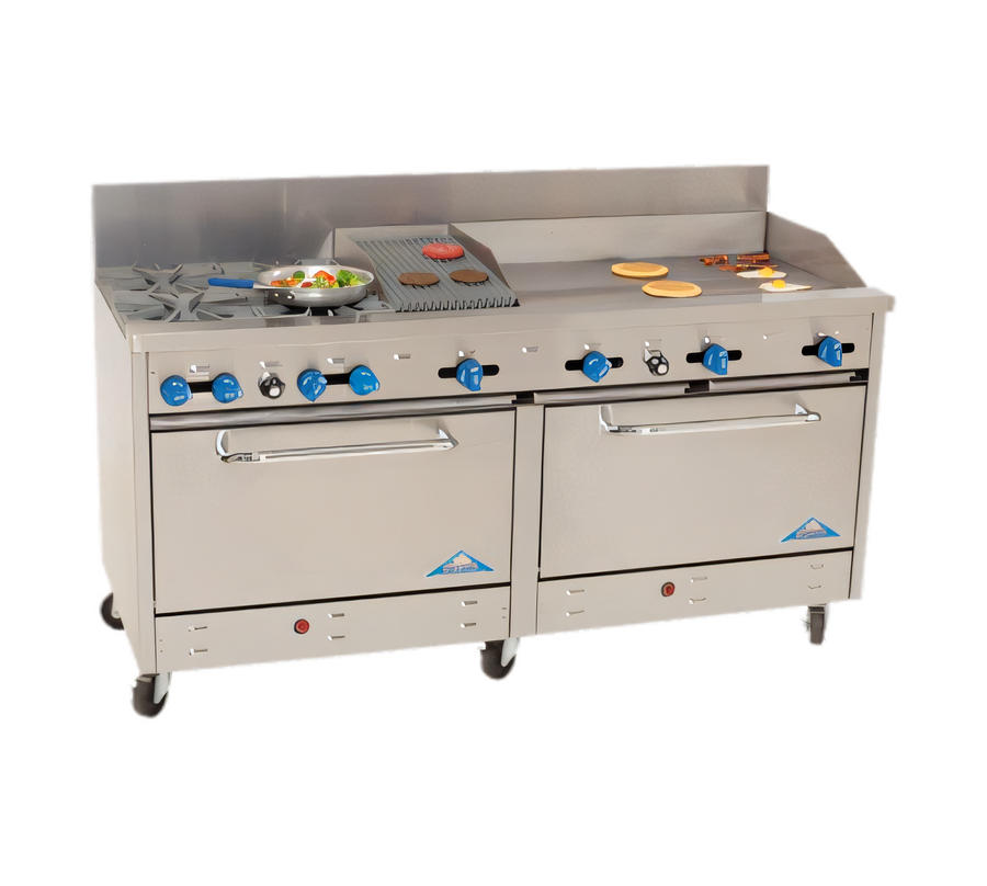 Product image #1 for Comstock-Castle 72-Inch Commercial Gas Range with 4 Open Burners, 36-Inch Griddle, 12-Inch Char-Broiler, and 2 Ovens