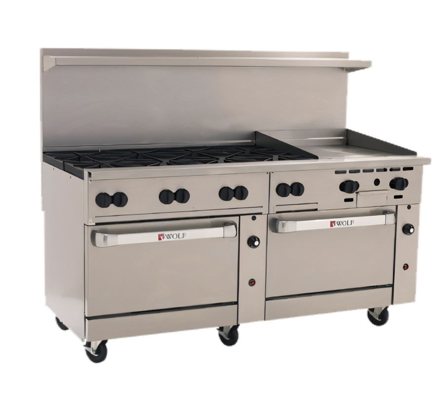 Product image #1 for Wolf Challenger XL 72-Inch Gas Restaurant Range with 8 Open Burners, 24-Inch Griddle, and 2 Standard Ovens