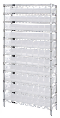 Quantum WR12-105CL Bin Wire Shelving System with 12 Shelves, 88 Clear Bins, 36 x 24 x 74 Inch, Chrome Plated