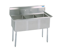 BK Resources 53 Inch Three Compartment Stainless Steel Sink with 9 Inch Backsplash, No Drainboards, Galvanized Legs