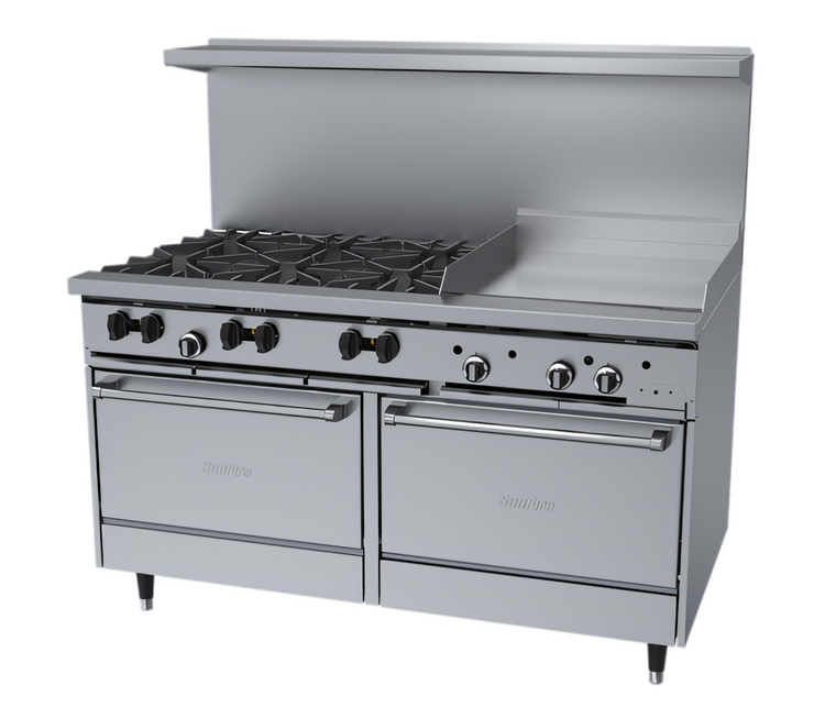 Product image #1 for Garland Signature Sunfire 60-Inch Stainless Steel Gas Restaurant Range with 24-Inch Griddle, 6 Open Burners, and 2 Standard Ovens