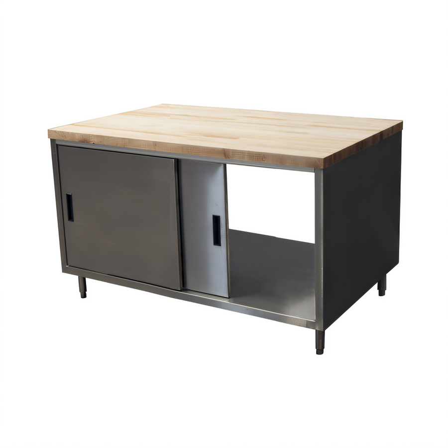 Product image #1 for BK Resources Dual Access Chef Table with Cabinet Base, Sliding Doors, and Hard Maple Top, 60 x 30 Inches