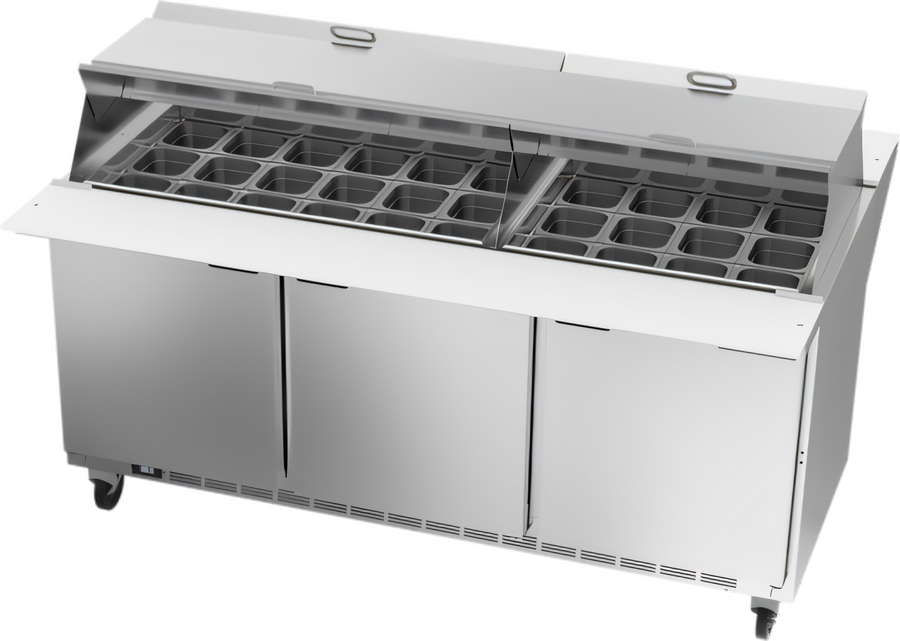 Product image #1 for Beverage-Air Dual-Side Mega Top Refrigerated Prep Table, Three-Section, 72-Inch, 30-Pan, 3 Doors