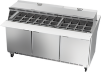 Beverage-Air Dual-Side Mega Top Refrigerated Prep Table, Three-Section, 72-Inch, 30-Pan, 3 Doors