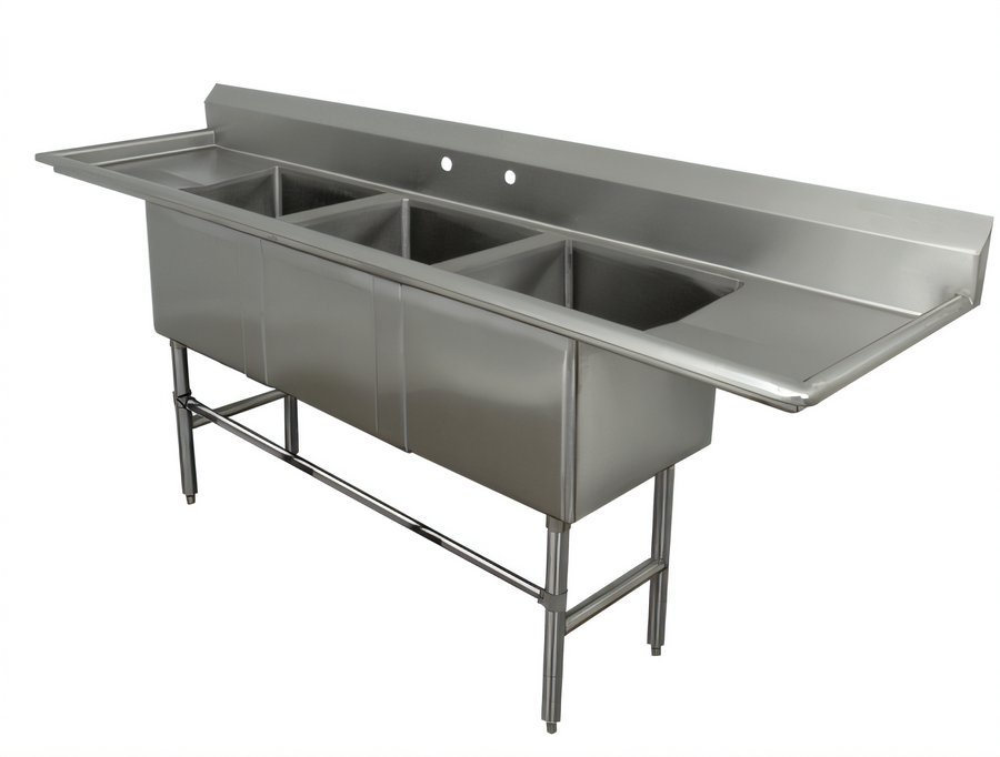 Product image #1 for Advance Tabco FC3M-2028-24RLX 3-Compartment Fabricated Sink with Left & Right 24-Inch Drainboards