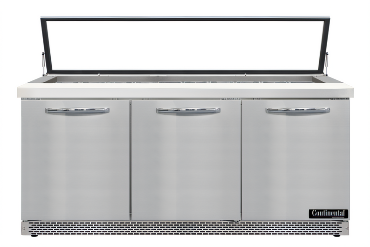 Product image #1 for Continental Refrigerator SW72N30M-HGL-FB Mighty Top 72" Front Breathing 3-Door Sandwich Prep Table with Hinged Glass Lid
