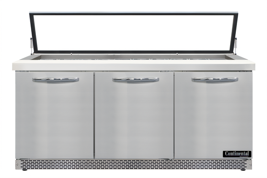 Product image #1 for Continental Refrigerator SW72N30M-HGL-FB Mighty Top 72" Front Breathing 3-Door Sandwich Prep Table with Hinged Glass Lid