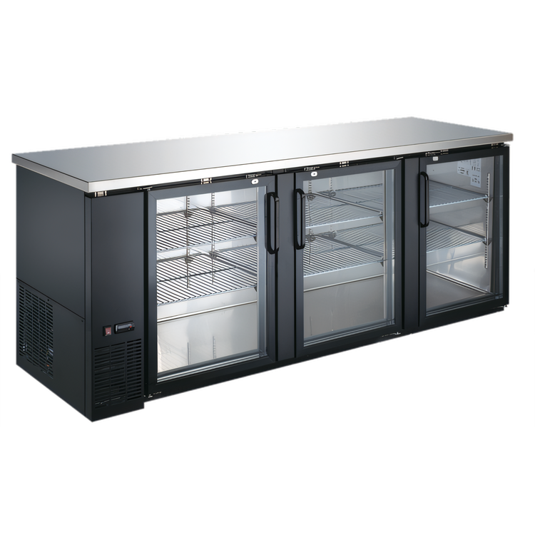Product image #1 for Black Diamond 90-Inch Back Bar Bottle Cooler with 3 Hinged Glass Doors, 32 Cu. Ft.