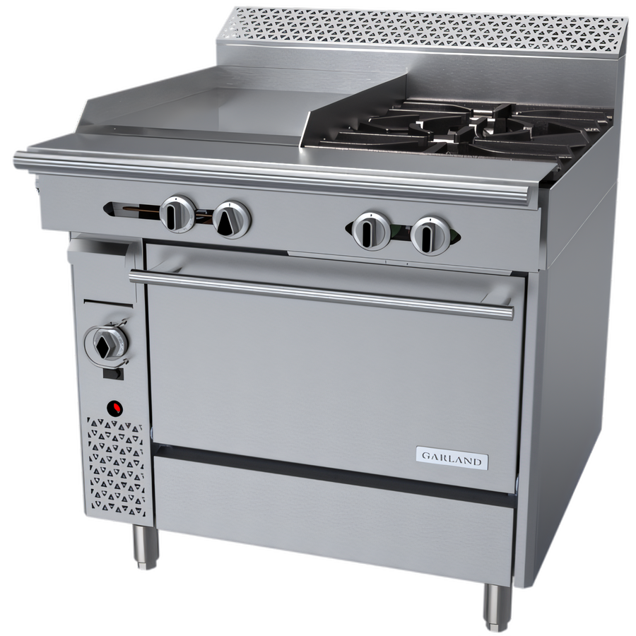 Product image #1 for Garland Cuisine Series 36-Inch Heavy Duty Gas Range with Left 18-Inch Thermostatic Griddle, 2 Open Burners, and Convection Oven