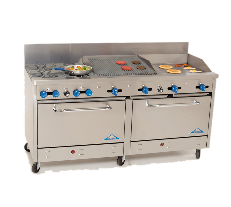 Product image #1 for Comstock-Castle 72-Inch Commercial Gas Range with 4 Open Star Burners, 24-Inch Griddle, 24-Inch Char-Broiler, and 2 Ovens