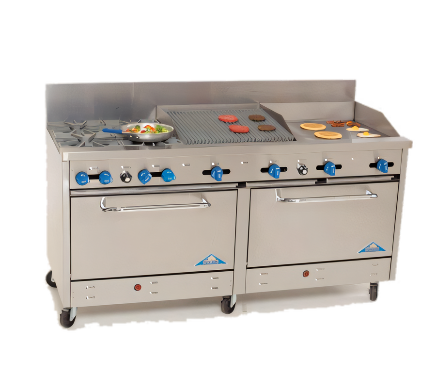 Product image #1 for Comstock-Castle 72-Inch Commercial Gas Range with 4 Open Star Burners, 24-Inch Griddle, 24-Inch Char-Broiler, and 2 Ovens