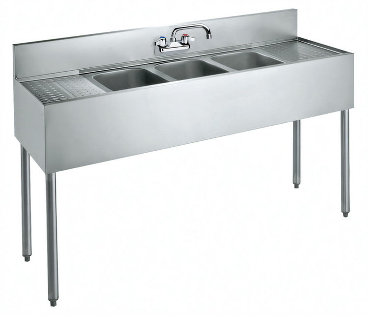 Product image #1 for Krowne Silver Series 60-Inch Three-Compartment Convenience Store Sink with Dual Drainboards and Faucet