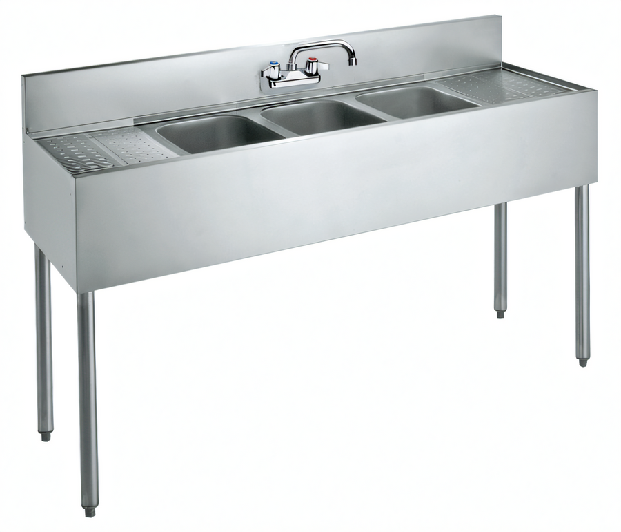 Product image #1 for Krowne Silver Series 60-Inch Three-Compartment Convenience Store Sink with Dual Drainboards and Faucet