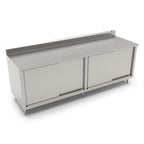 Thumbnail image #1 for John Boos 4CS4R5-24120 Stainless Steel Cabinet Base Work Table with Sliding Doors, 120W x 24D, 14-Gauge 300-Series Top, 5-Inch Backsplash